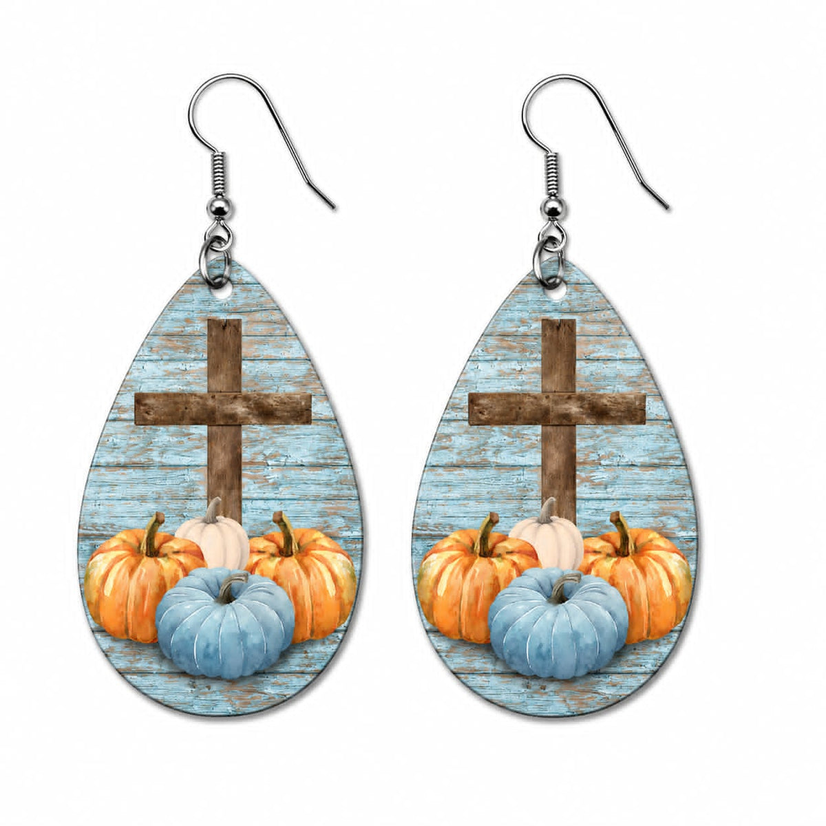 Earrings- Fall Rustic Blue Shabby Chic Cross & Pumpkin
