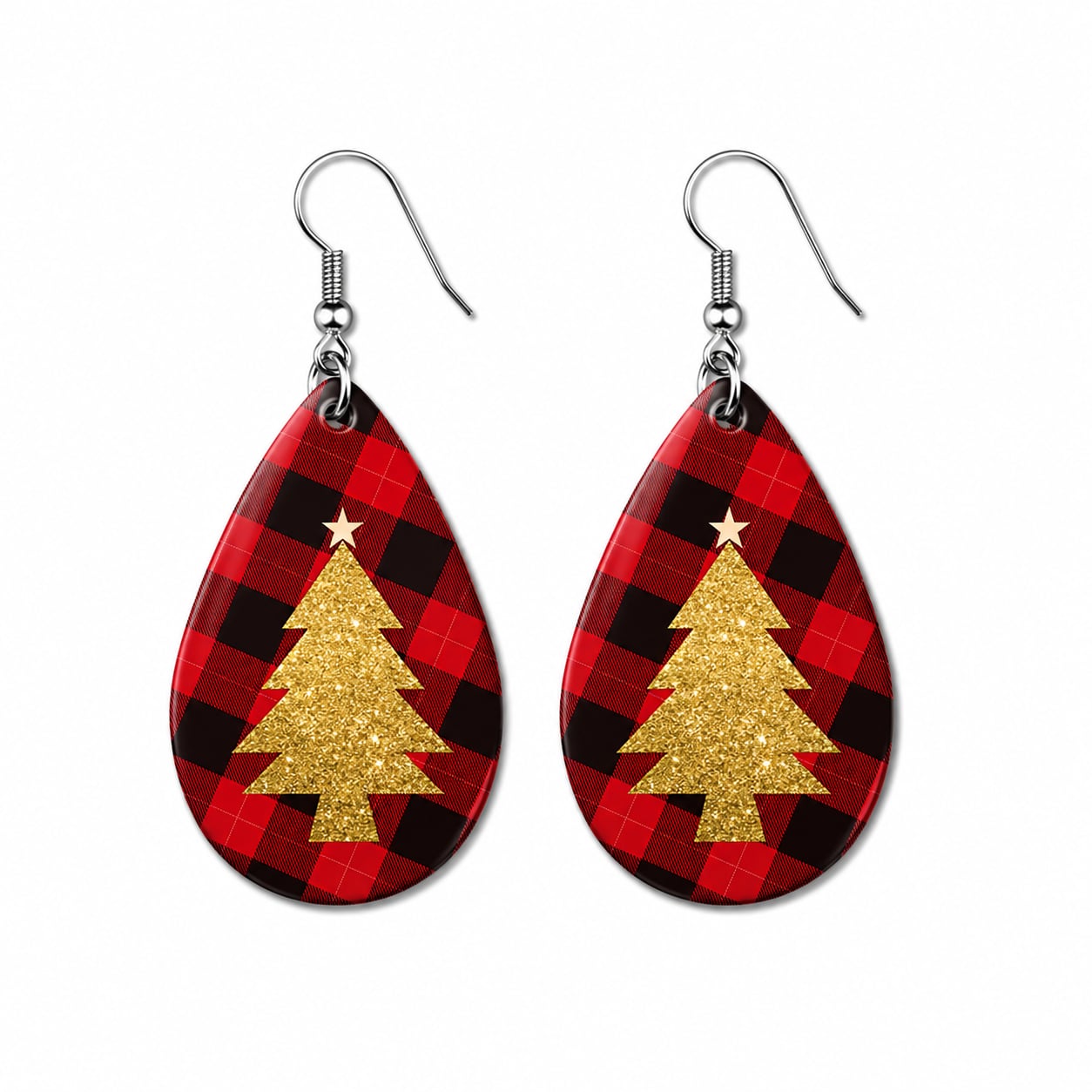 Earrings- Christmas Red and Black Plaid with Gold Tree