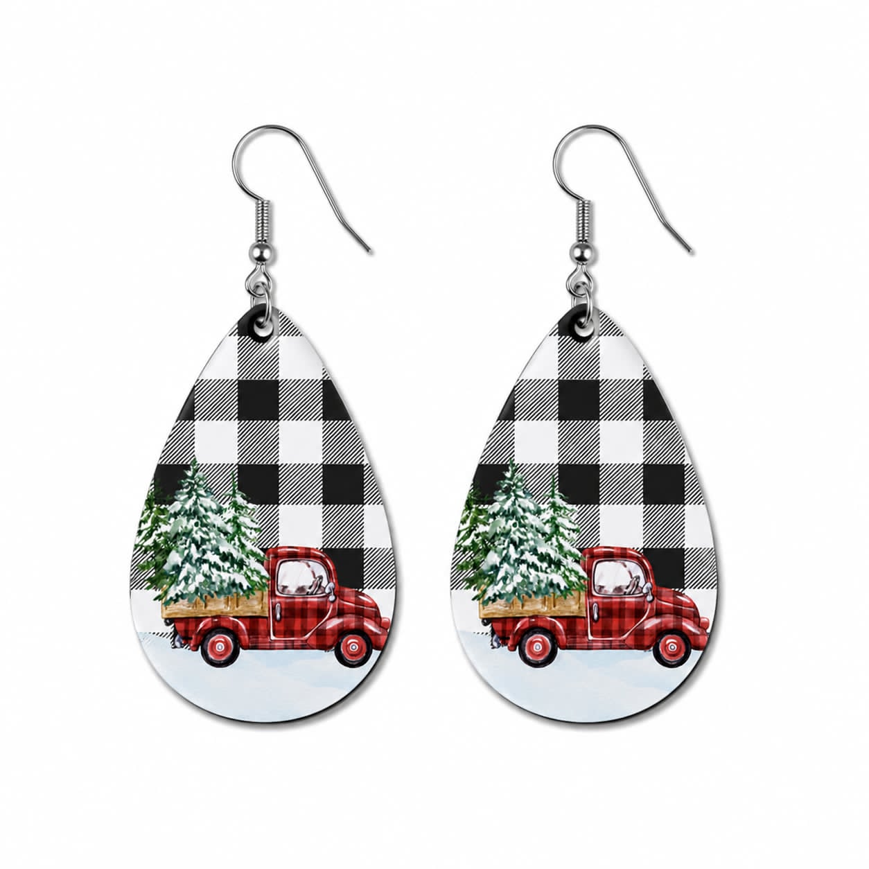 Earrings- Christmas Black and White Plaid with Red Truck and Tree
