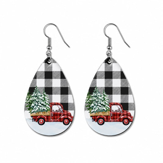 Earrings- Christmas Black and White Plaid with Red Truck and Tree