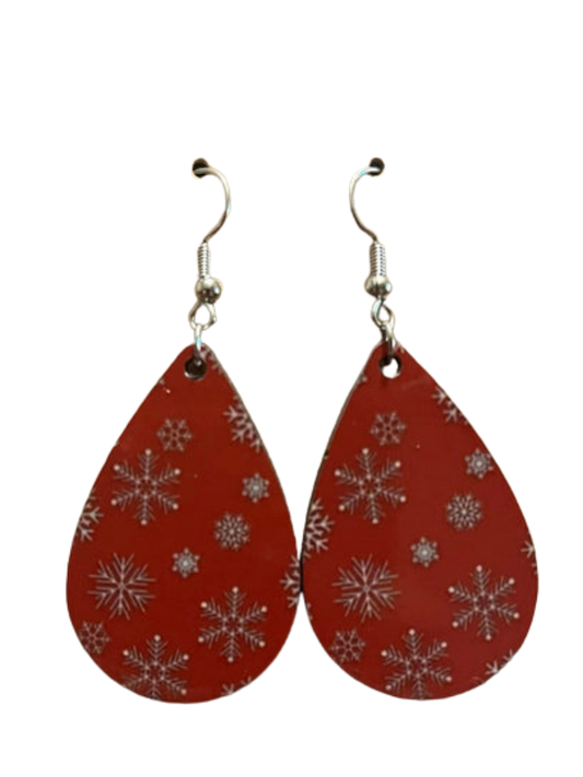 Earrings- Winter Snowflake with Red Background