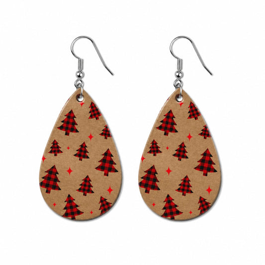 Earrings- Christmas Tan with Black and Red Plaid Trees