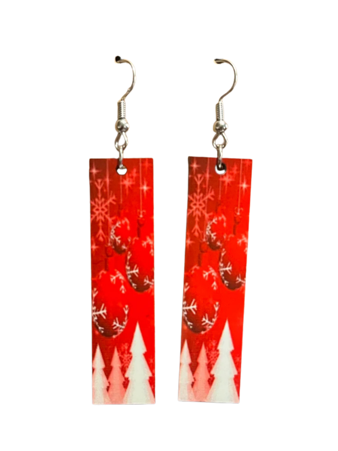 Earrings- Christmas Rectangular Red Ornaments and White Trees