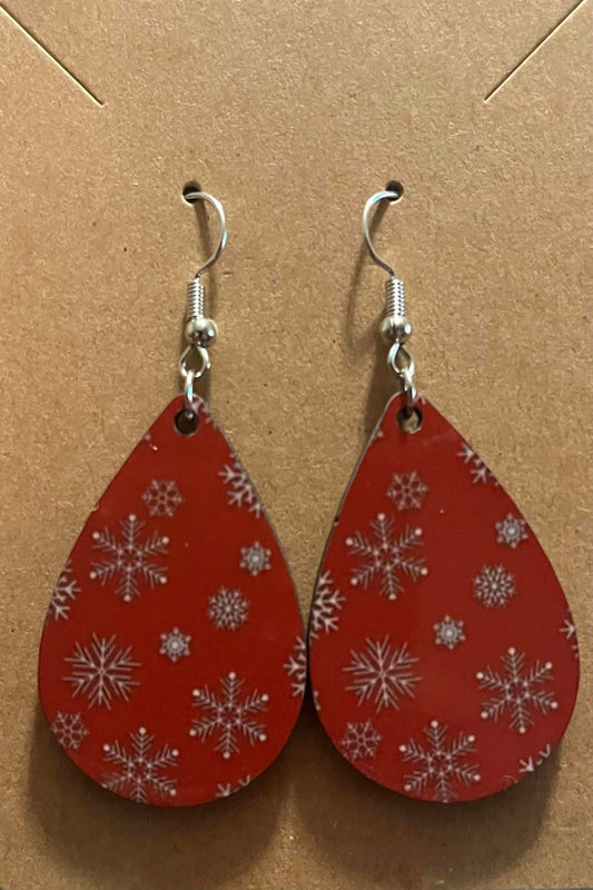 Earrings- Winter Snowflake with Red Background