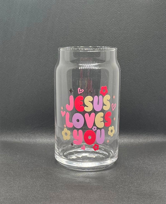 16 oz Glass Cup- Jesus Loves You