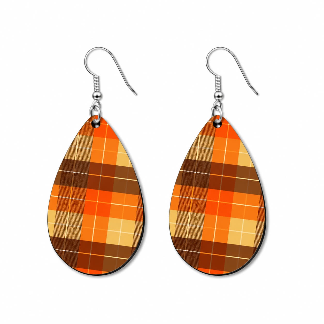 Earrings- Fall Bright Orange Autumn Plaid Teardrop
