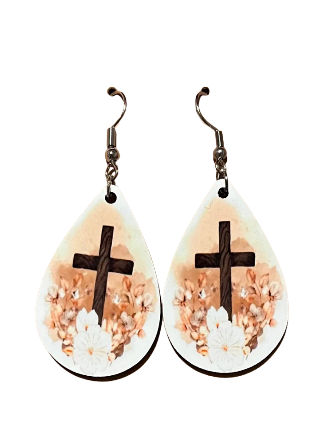 Earrings- Faith Based Brown Cross with Floral