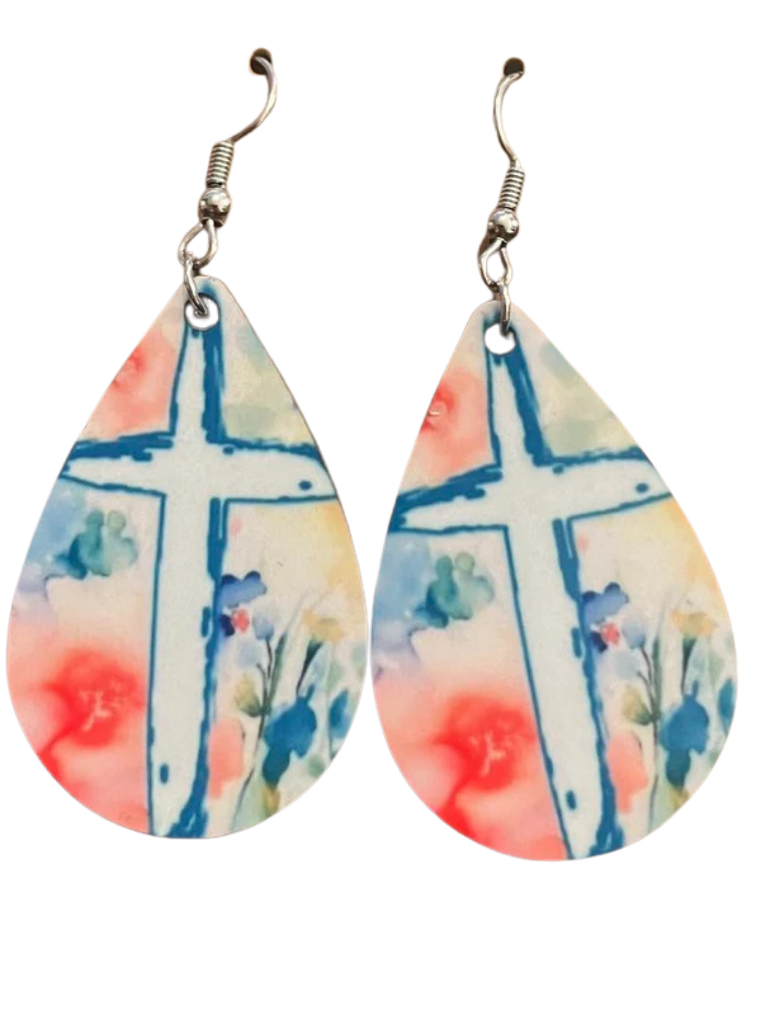 Earrings- Faith Based Water Color Blue Cross