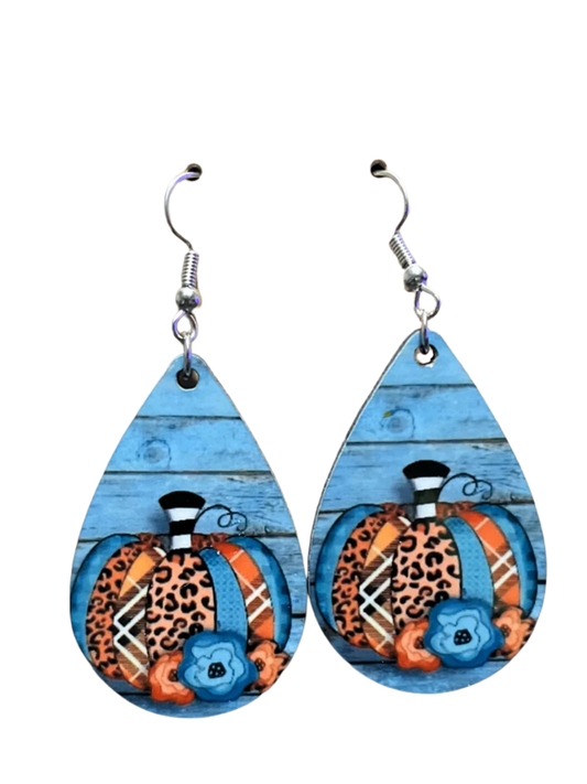 Earrings- Fall Blue Pumpkin and Plaid