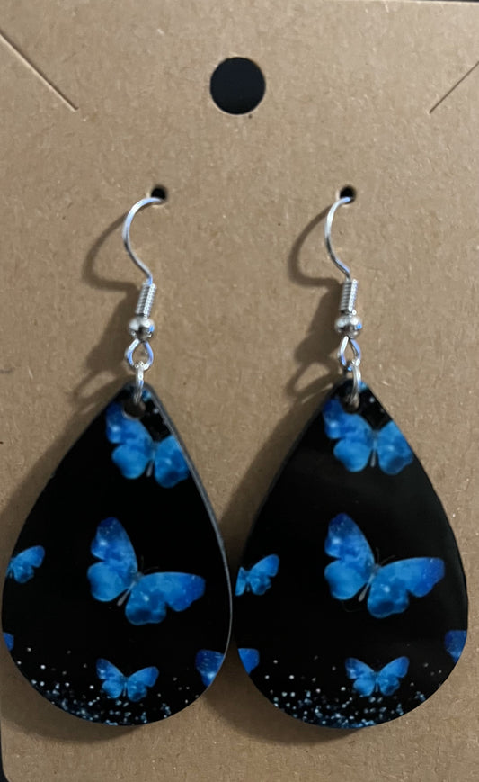 Earrings- Animals/Animal Print Black with Blue Butterflies