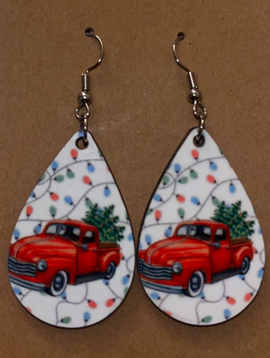 Earrings- Christmas Lights with Red Truck and Tree