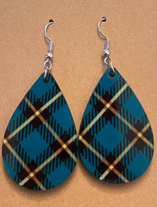 Earrings- Christmas Plaid Blue and Yellow