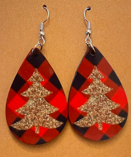 Earrings- Christmas Red and Black Plaid with Gold Tree
