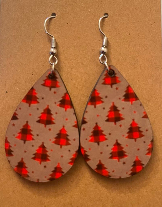 Earrings- Christmas Tan with Black and Red Plaid Trees