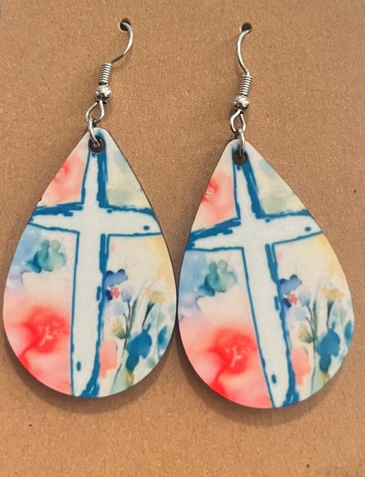 Earrings- Faith Based Water Color Blue Cross