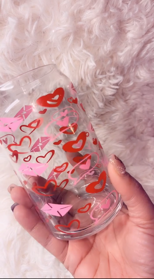 16 oz Glass Cup- Hearts and Letter