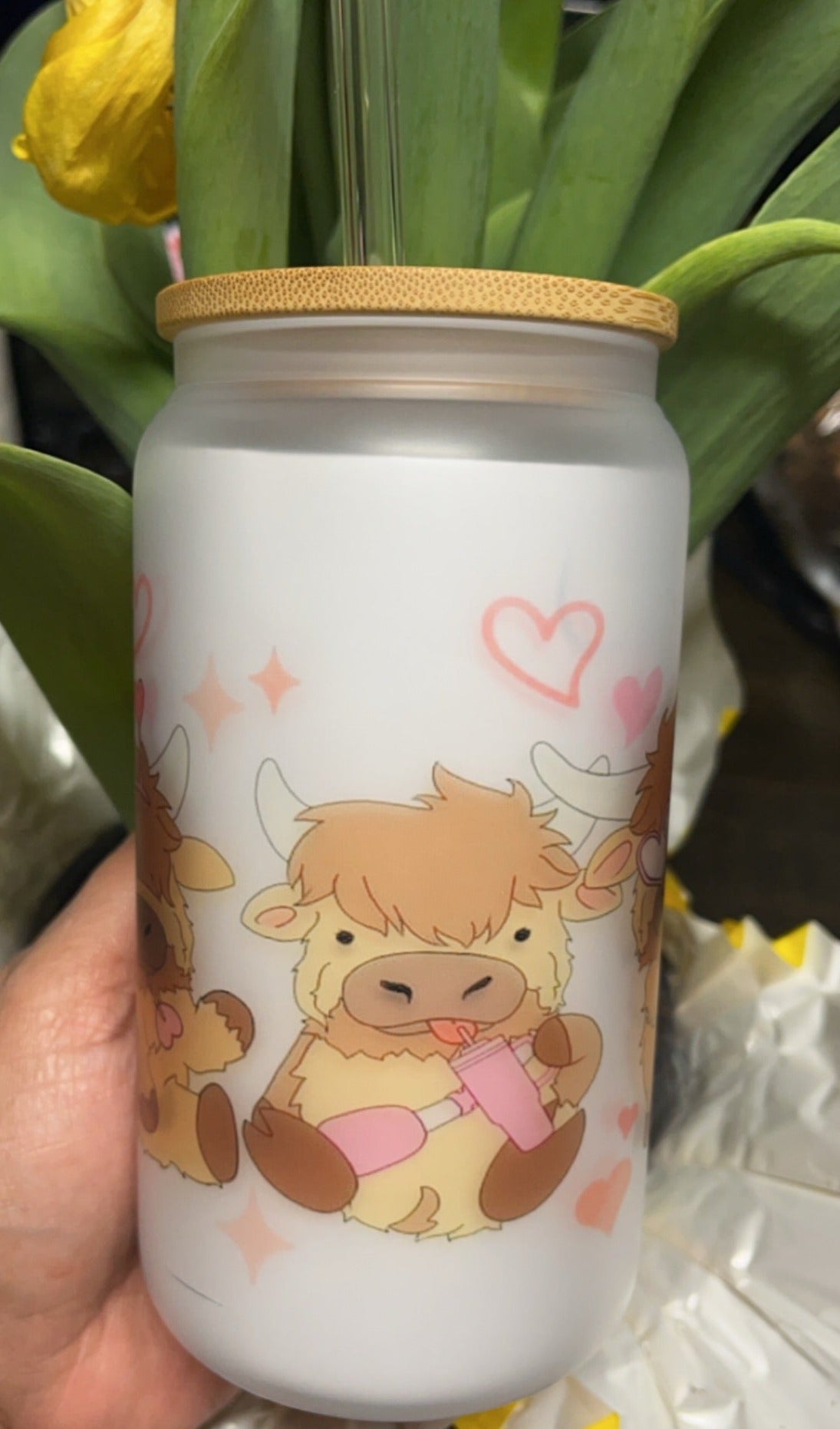 16 oz Glass Cup-  Cows /Sheep Frosted Glass