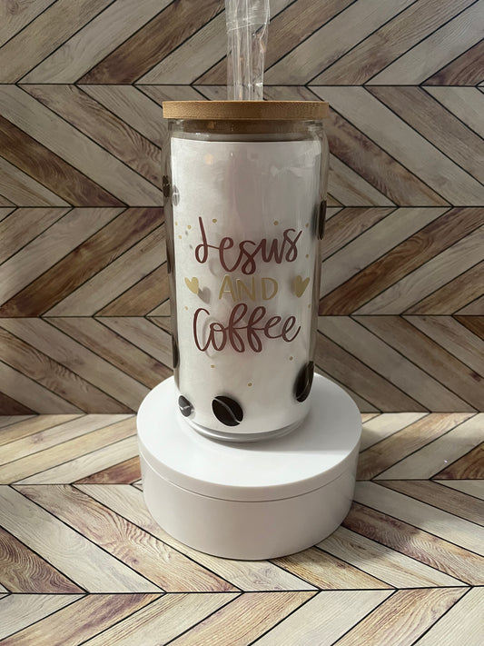 16 oz Glass Cup-  Jesus and Coffee