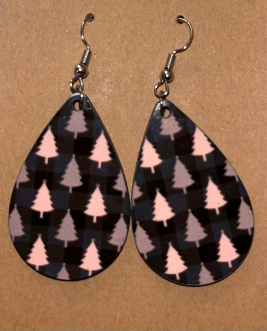 Earrings- Christmas Black Plaid with Pink Trees