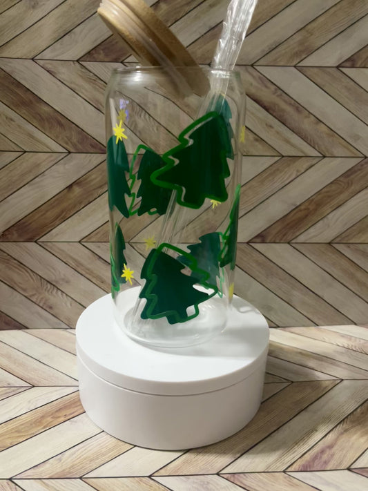 16 oz Glass Cup- Christmas Green Trees
