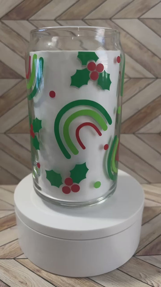 16 oz Glass Cup- Christmas Rainbow and Holly Berries